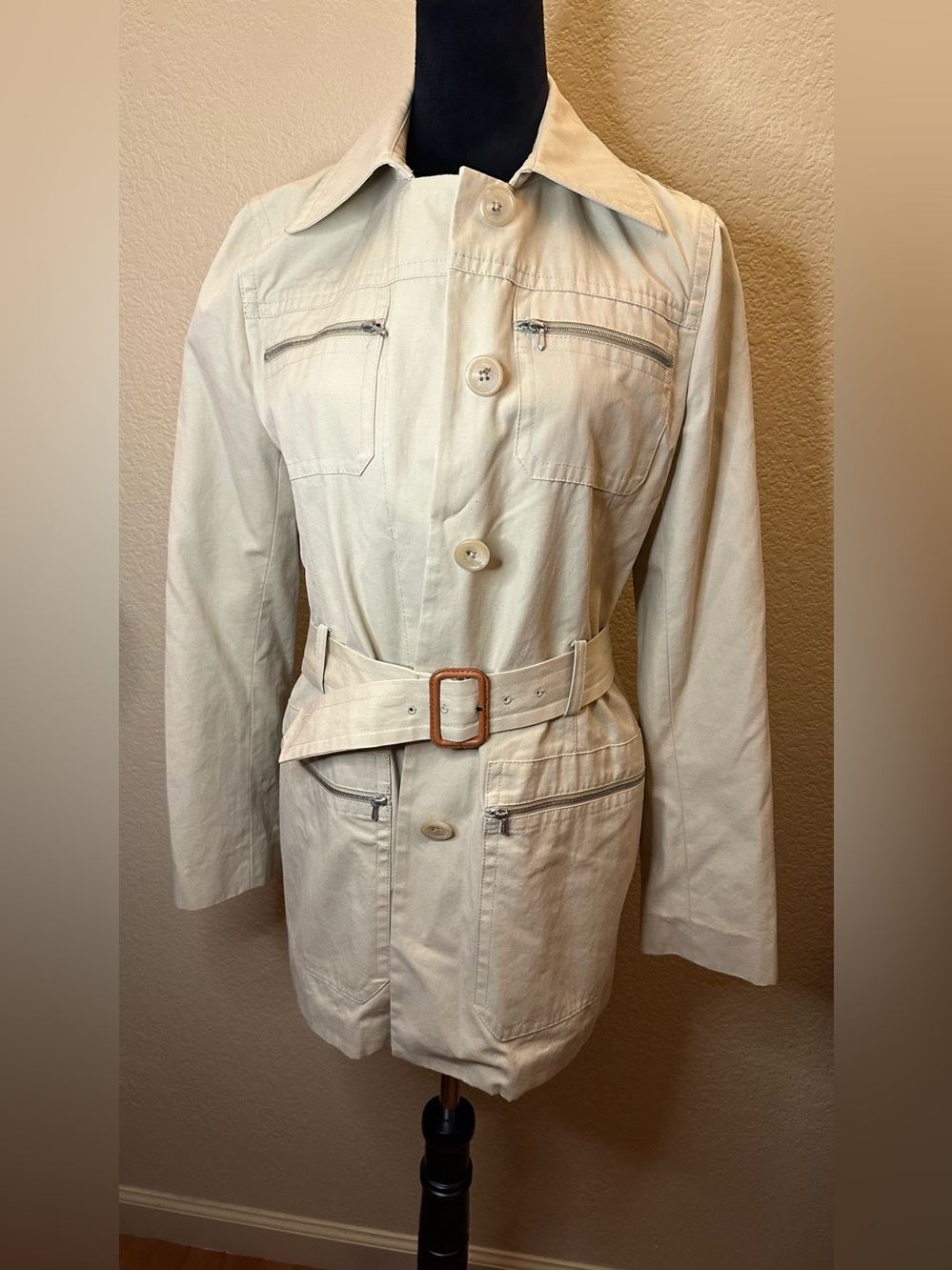 Banana Republic Cream Belted Utility Trench Coat with Zip Pockets
